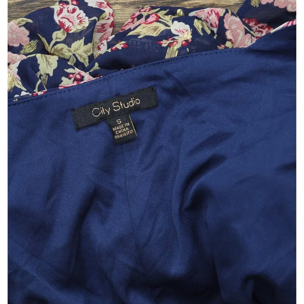 NWT City Studio Square-Neck Fit Flare Shear Lined Dress Navy Blue Multi S
